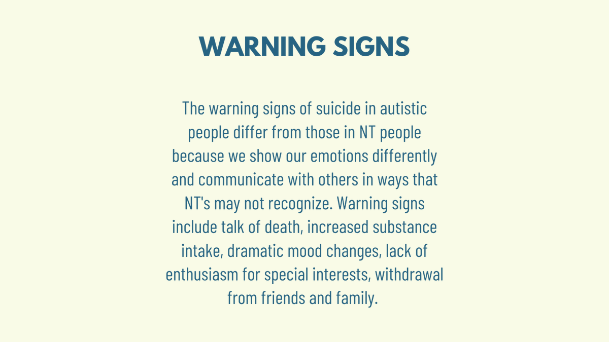 AutisticCoach_'s tweet photo. There is a #suicide pandemic in the #ActuallyAutistic community that we need to talk about. We are 11x more likely to take our own lives. This is caused primarily by mental health issues that we develop based on our treatment in the NT world. We need to support each other. https://t.co/JYhZiyUmfx