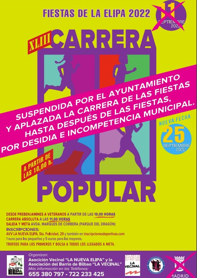 📢 ¡Atención, atención! ¡Necesitamos vuestra ayuda! Con motivo del aplazamiento de la carrera popular de la Elipa, muchos de los miembros de las asociaciones implicadas no podremos estar presentes el día 25, por lo que pedimos voluntarios para echarnos una mano.