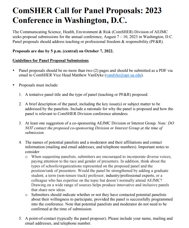AEJMC_ComSHER's tweet photo. 🚨Important announcement:
Please see our "Call for Proposals" for panels that address teaching or professional freedom & responsibility (PF&R).
Proposals are due by 5 pm CST on October 7, 2022.
Let us know if you have any questions. #comsher #healthcom #SciComm https://t.co/3IDqgKSGAl