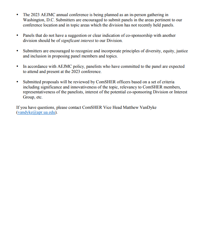 AEJMC_ComSHER's tweet photo. 🚨Important announcement:
Please see our "Call for Proposals" for panels that address teaching or professional freedom & responsibility (PF&R).
Proposals are due by 5 pm CST on October 7, 2022.
Let us know if you have any questions. #comsher #healthcom #SciComm https://t.co/3IDqgKSGAl
