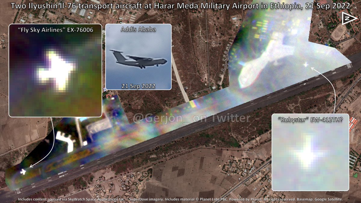 Gerjon_'s tweet photo. Confirming that "Fly Sky Airlines" 🇰🇬EX-76006 visited 🇪🇹Harar Meda Military Airport (the main air base of the Ethiopian Air Force) yesterday:

SuperDove imagery shows a 2nd Il-76 on ground, besides the Il-76 that has been there for weeks (suspected 🇧🇾EW-412TH #RSB7680 #60005F). https://t.co/LYpqbJfB2p