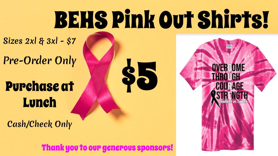 BEHS Pink Out Game is 10/21!  Order your shirts through Tuesday during lunch.  $5/each thanks to our generous sponsors! <a href="/BEHS_Football/">BEHS Football</a> @BEHSAthletics <a href="/BullittEastHS1/">Bullitt East High School</a>