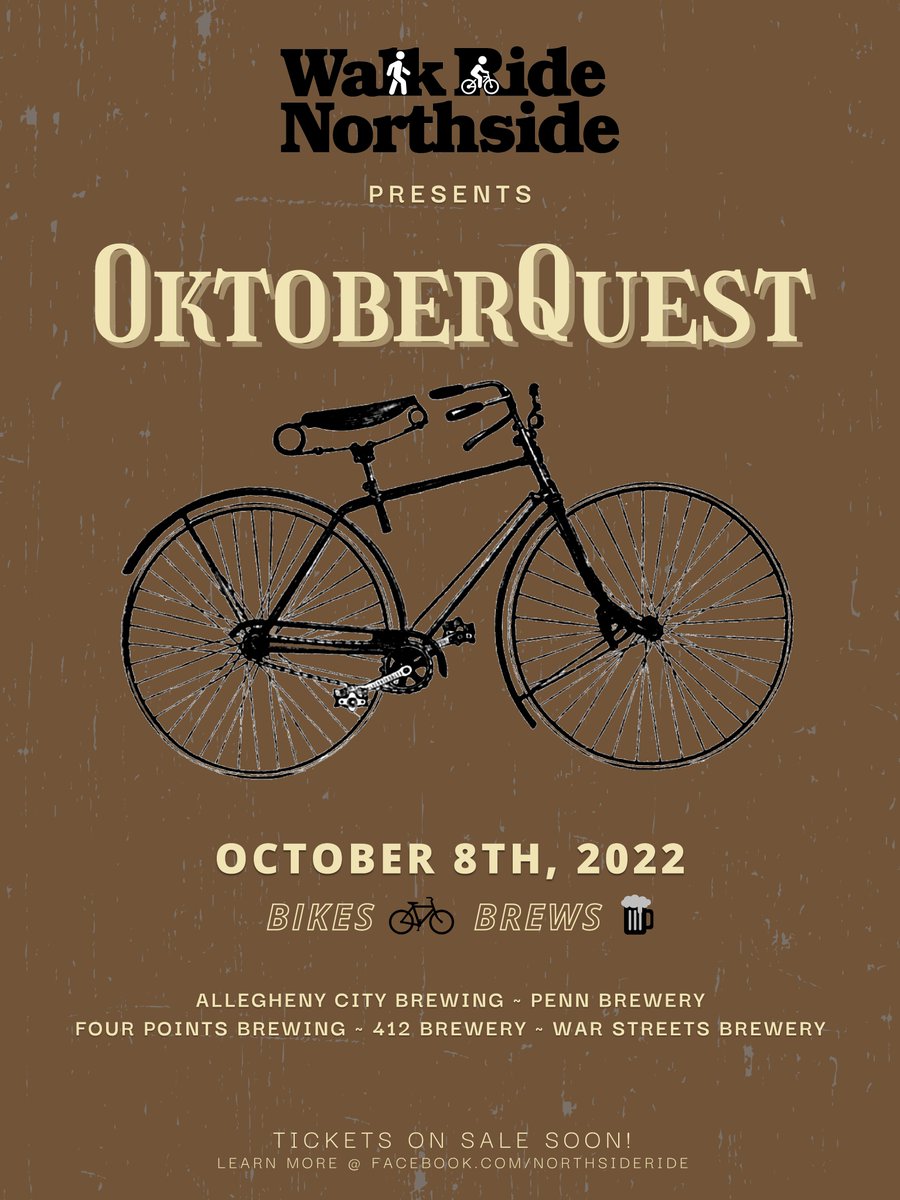 Tickets for the OktoberQuest - Northside Bicycle/Brewery Tour are available now!!

Hop on it because they will go quickly!

This year's event features <a href="/AlleghenyBrew/">Allegheny City Brewing</a>, <a href="/PennBrewery/">Penn Brewery</a>, <a href="/Fourpointsbrews/">Four Points Brewing</a>, 412 Brewery &amp; War Streets Brewery.

eventbee.com/v/oktoberquest…