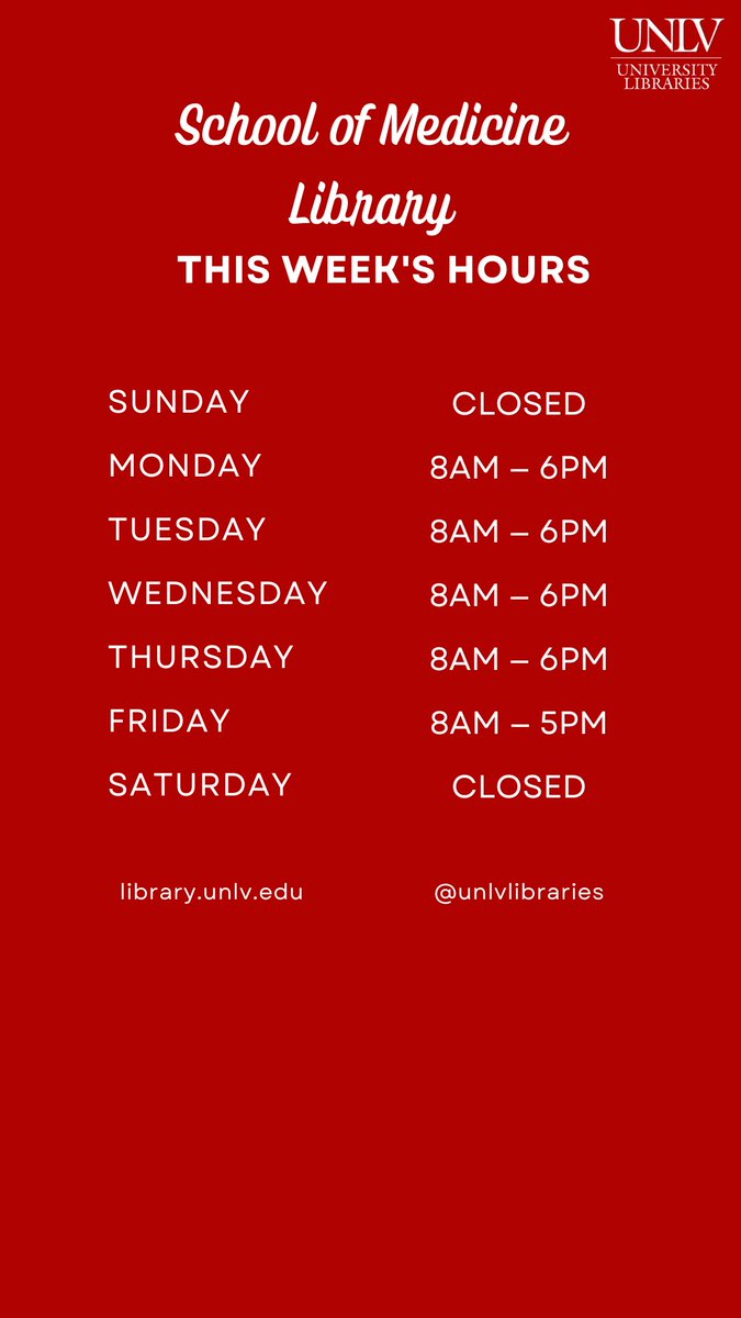 unlvlibraries's tweet photo. This week's opening hours at the #MusicLibrary, #ArchitectureLibrary, #MedicalLibrary, and #TDRL. Music Library will be closing early at 3pm on Thursday due to an event. https://t.co/sPQzzP8YgC
