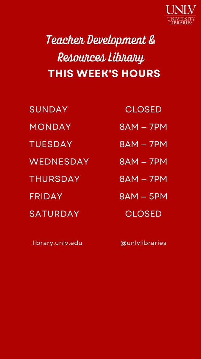 unlvlibraries's tweet photo. This week's opening hours at the #MusicLibrary, #ArchitectureLibrary, #MedicalLibrary, and #TDRL. Music Library will be closing early at 3pm on Thursday due to an event. https://t.co/sPQzzP8YgC