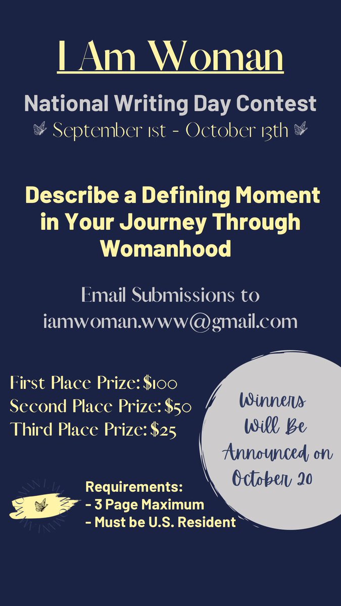 The writing contest is still in full swing! You have until October 13th to submit your work for a chance at a cash prize!! DM me with any questions you may have #WritingCommunity #writingcontest 
<a href="/iam_wwoman/">I Am Woman</a>