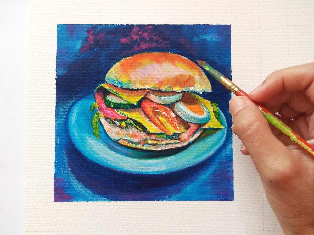 sylwy's tweet photo. Ham and egg sandwich🍔
Painted for #foodpaintchallenge hosted by @alaiganuza &amp; @DennisPfeil_art 🤗

#acrylic on paper, 400 gsm, 20x20 cm,✨Available!✨

#sandwich #foodpainting #kitchenart #foodart #colourful #stilllifeart https://t.co/gTx4SvWb3f