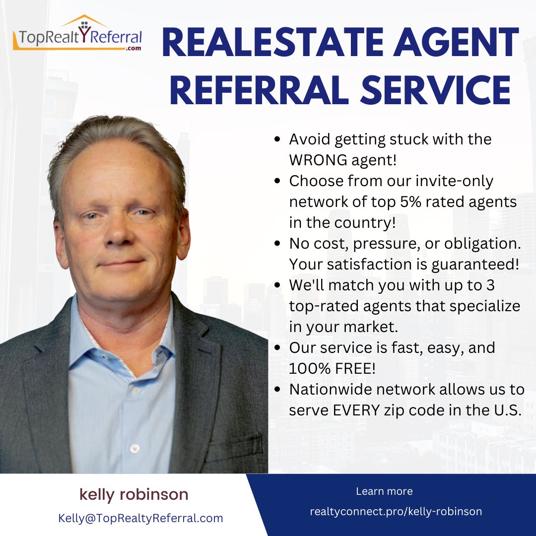 Tell me about your #realestate goals, and i‘ll instantly match you with up to 3 top local #agents that specialize in your market without ANY cost, pressure or obligation! #realtorsolutions #realtorreferral Email- Kelly@TopRealtyReferral.com Website- toprealtyreferral.com