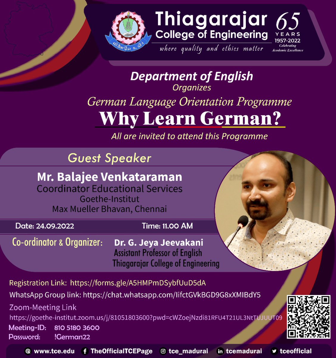 tceofficialpage's tweet photo. Organizes an Orientation on
“Why Learn German”
All are invited
Resource Person:
Mr. Balajee Venkataraman,
CES, Goethe-Institut
#TCE #thiagarajarcollegeofengineering #tcemadurai #orientationprogramme #german #language #foreignlanguage #departmentofenglish #goethinstitut #india https://t.co/QOjUjvBhLC