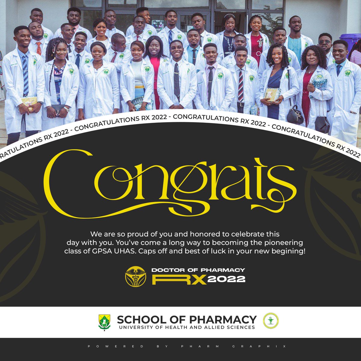 Congratulations to our pioneers, we’re truly proud of you 👏🏾. It wasn’t easy but it will indeed be worth it ☺️💃🏽. 
Cheers 🥂 to the beginning of a new journey.
6 years down to 0 days ; it could have only be God 🙏🏾🤲🎊💃🏽🎂🥳🍾🙌🏾.
#pharmD22 #pharmacy #PharmD #congratulations