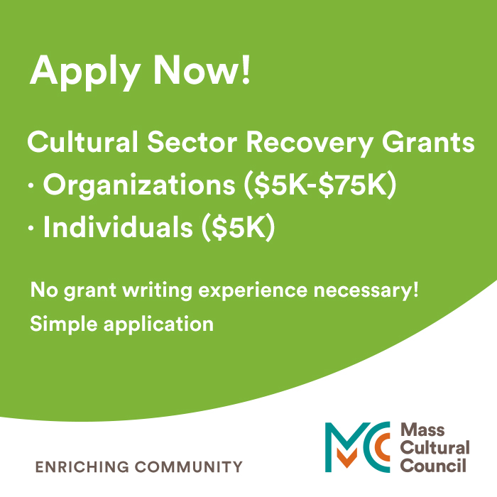The <a href="/masscultural/">Mass Cultural Council</a> Council is offering #Covid Recovery Grants for individual artists ($5K) and cultural organizations ($5K-$75K). Applications open this month, apply by fall: massculturalcouncil.org/blog/apply-for…
#CambridgeMA #CambMA #CambridgeArts #bosarts