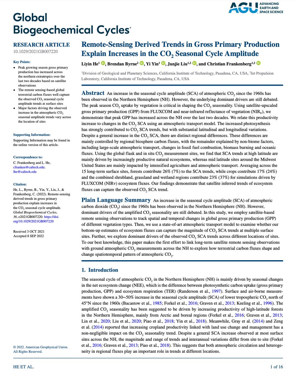 he_liyin's tweet photo. Happy to share our new paper on Global Biogeochemical Cycles. We link long-term satellite remote sensing observations with ground CO2 measurements to explore how terrestrial carbon fluxes shape and change CO2 seasonality. Please check https://t.co/lE041RFBRa. https://t.co/fZoL3px8mO