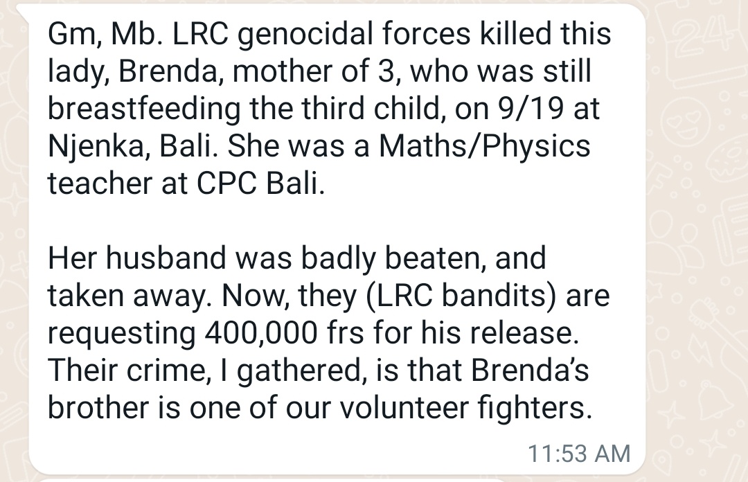 innochia's tweet photo. Bali-Nyonga, Mezam State - Sept 22, 2022 - A Maths/Physics teacher at #CPCBali has been shot &amp; killed by @ChantalBIYA_Cmr genocidal forces, &amp; her husband asked to pay $800 bail. Brenda, who was  breastfeeding her 3rd child, was gunned down because her brother is allegedly Amba. https://t.co/5wjIx1iBjC