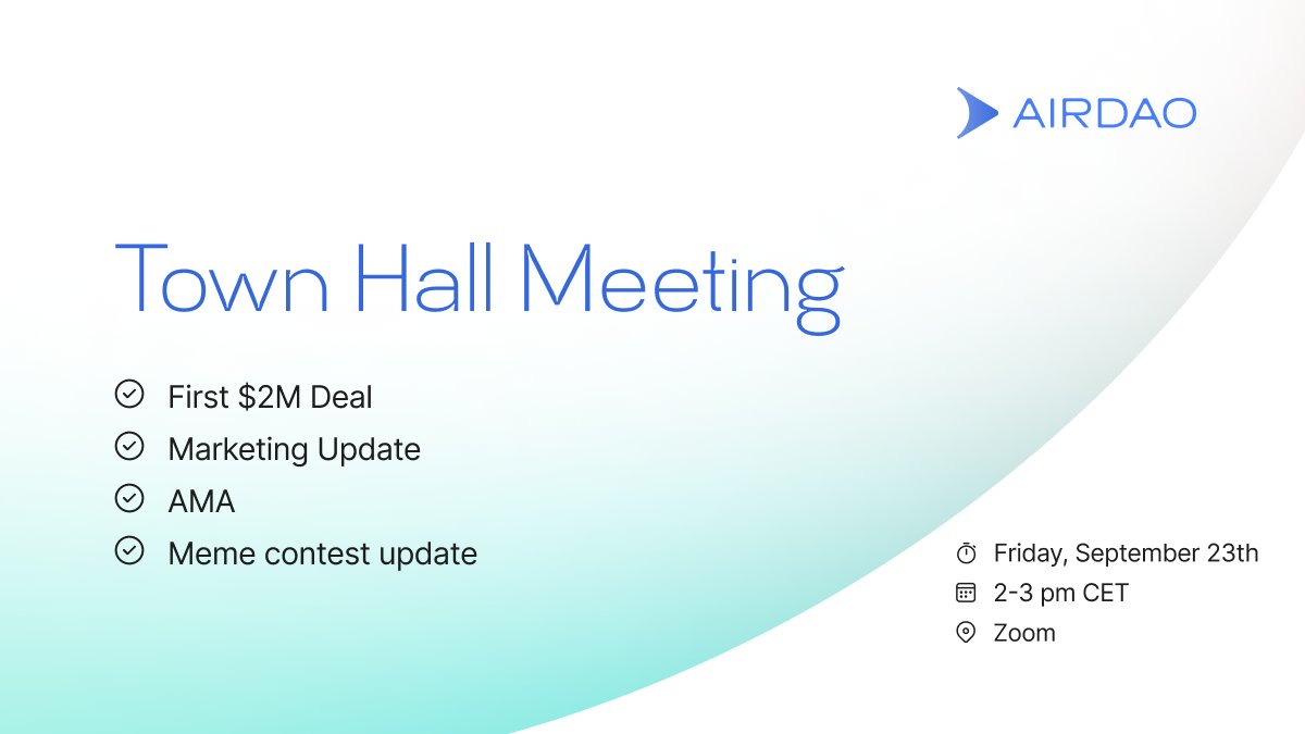 The first $2M was raised within just a week's time.

Join us at the Town Hall Meeting on Friday at 2PM CET to speak about the future of #AirDAO.

> Save the link
us02web.zoom.us/j/84453942732