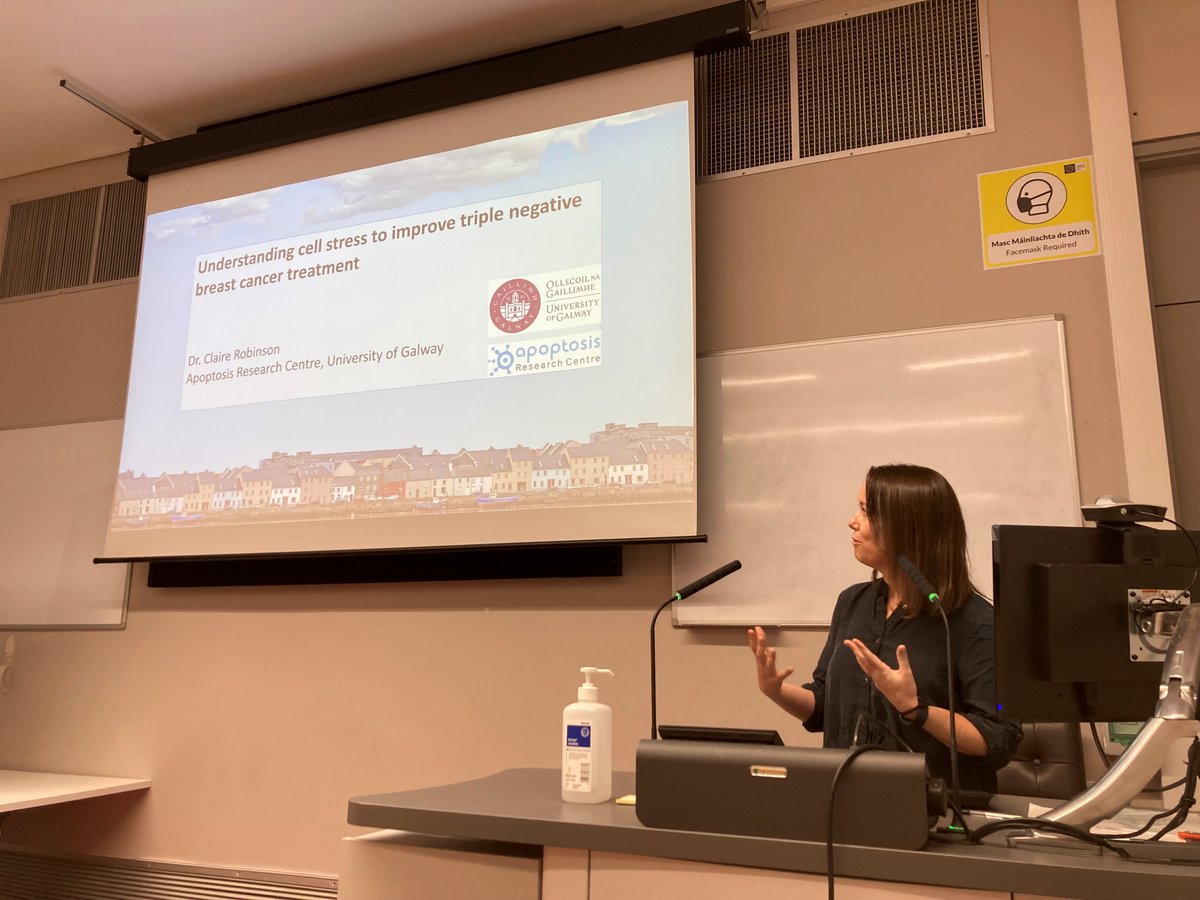 DwyerLab's tweet photo. Great to hear from Dr Claire Robinson @clairechatssci about her work unravelling the cell stress response, which helps cancer cells to escape treatment. Targeting this will improve response to therapy @PrecisionOncIre @Afshin_Samali #POIShowcase #WorldCancerResearchDay https://t.co/1KhkdJNwqL