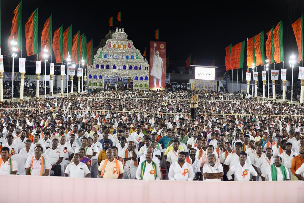 BJP4India's tweet photo. Glimpses of BJP National President Shri @JPNadda addressing public meeting in Karaikudi, Tamil Nadu. https://t.co/XpSLCkMGNc