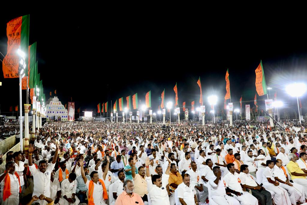 BJP4India's tweet photo. Glimpses of BJP National President Shri @JPNadda addressing public meeting in Karaikudi, Tamil Nadu. https://t.co/XpSLCkMGNc