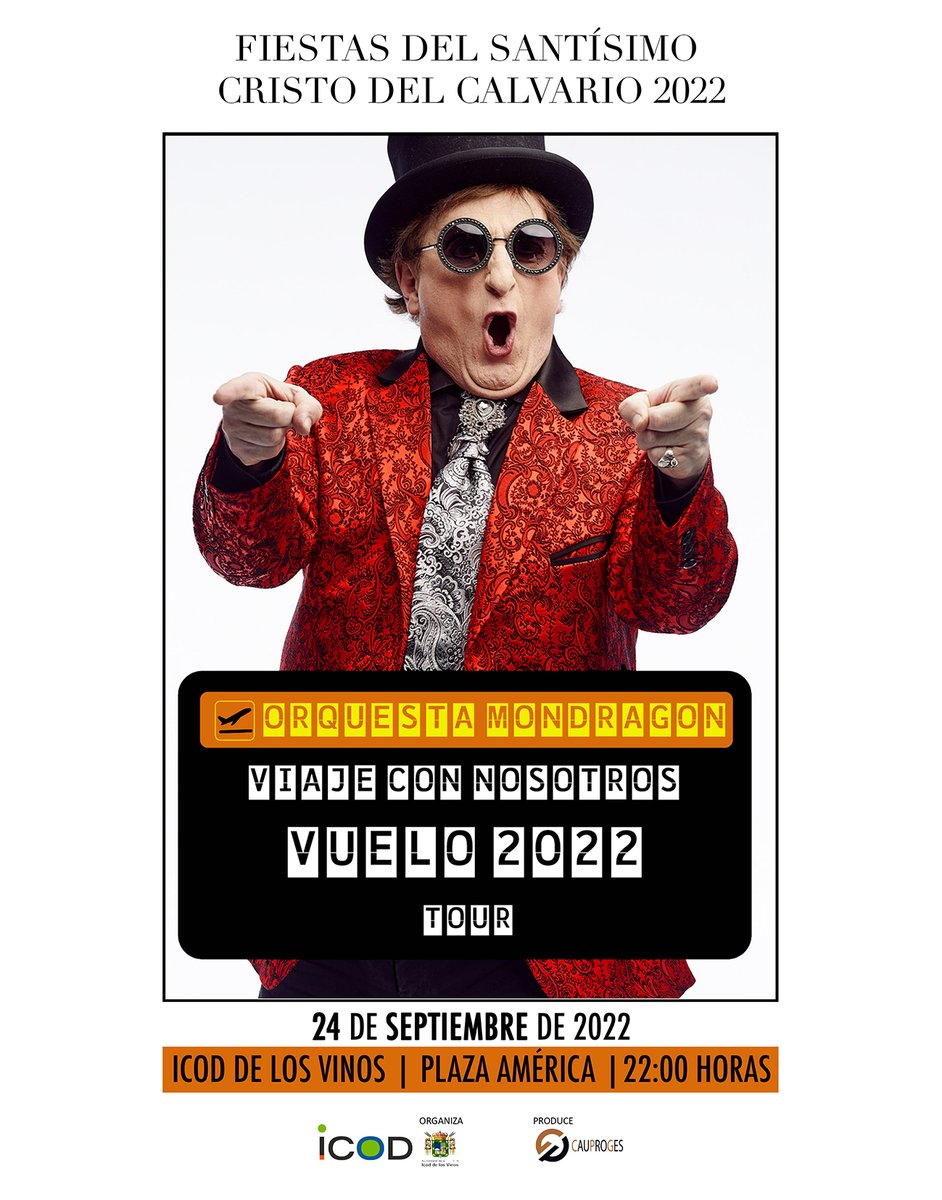 Este sábado, 24 de sep, a las 22:00h llega a la Plaza América de Icod de los Vinos Javier Gurruchaga y  La Orquesta Mondragón con su  Viaje con Nosotros Tour | Vuelo 2022. 
Entrada libre hasta completar aforo!!
Organiza <a href="/Ayto_Icod/">Ayuntamiento Icod</a> 
#FiestasCristo2022