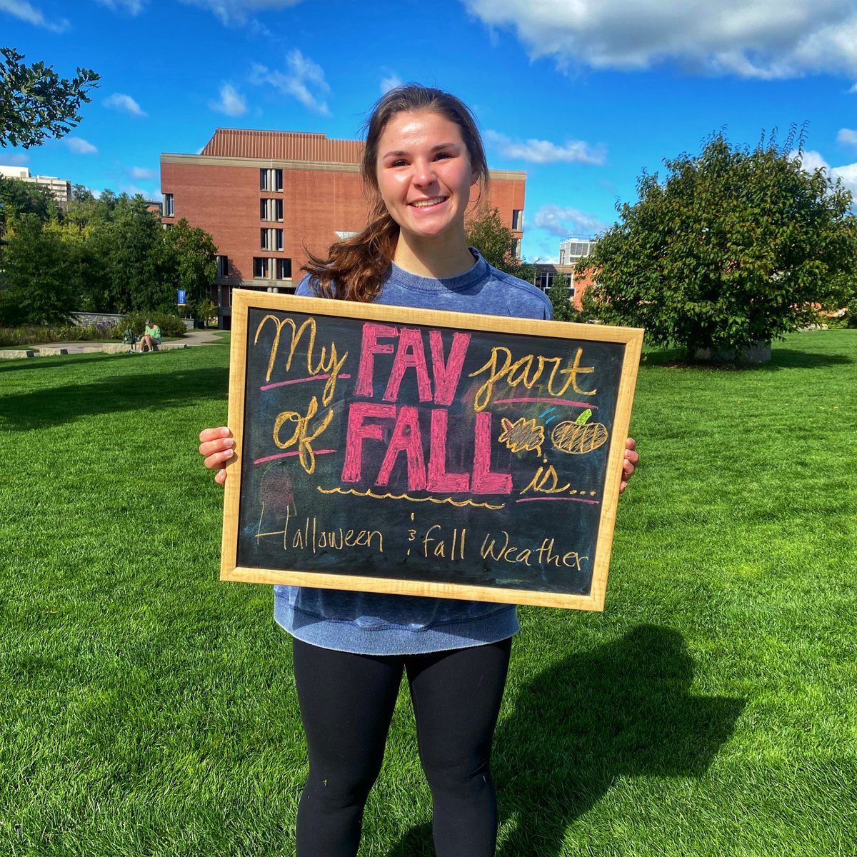 UWEauClaire's tweet photo. It's the official first day of fall🍁 🎃 Blugolds were out on the campus mall expressing their love of the new season. #uwec #uwecfall https://t.co/3FrvzqEBkY