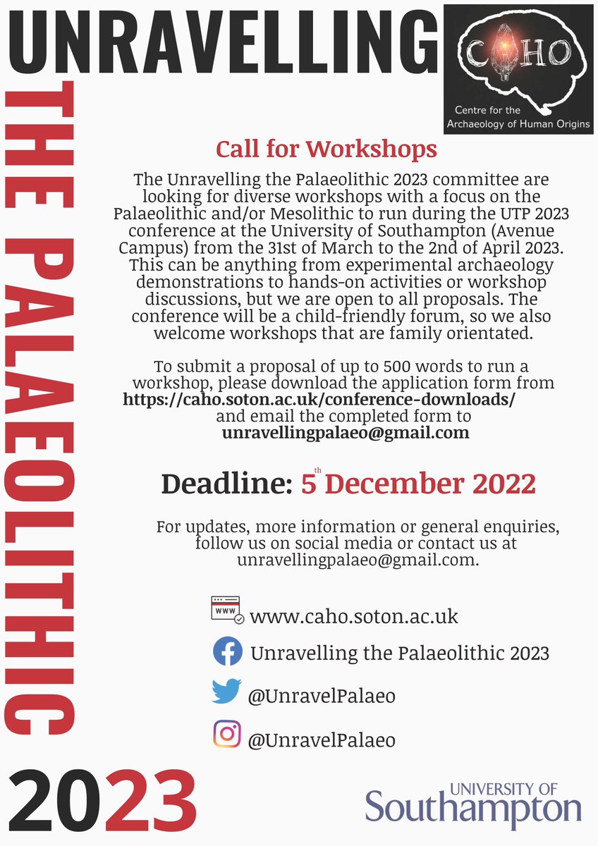 Call for workshops Deadline🚨: 5/12/22. — Do you have an idea for a hands-on workshop, discussions or experimental archaeology demonstrations? Are they Palaeolithic or Mesolithic themed? Or even family friendly… here is your chance (1/2)….