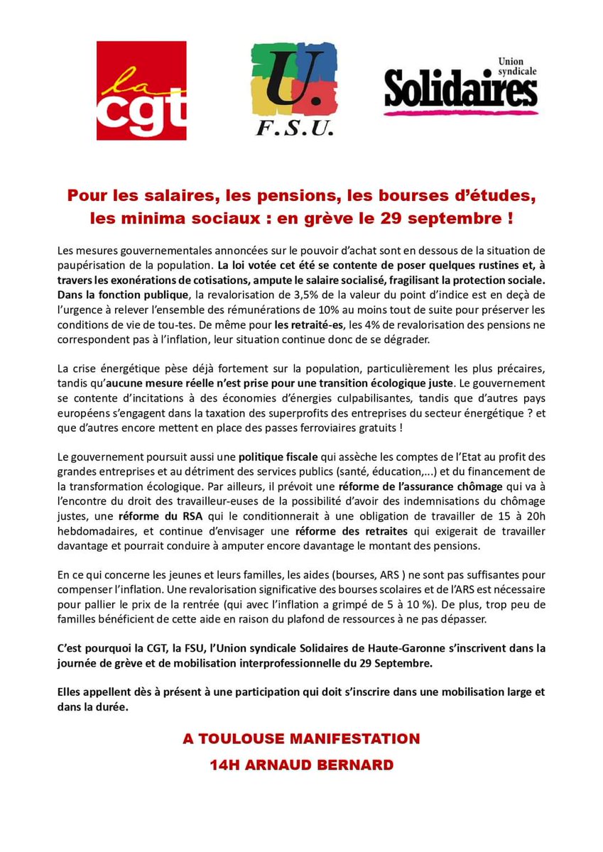 Le 29 septembre en grève pour une hausse conséquente des salaires pensions et minimas sociaux...manifestation 14 h Arnaud Bernard