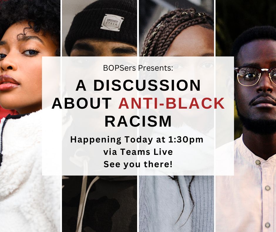 bopsers_network's tweet photo. HAPPENING NOW! BOPSers Presents: A Discussion about Anti-Black Racism! You are welcome to attend the event from 1:30 p.m. to 3:30 p.m. (hosted via Microsoft Teams Live Event). https://t.co/dbIa2V2vfE