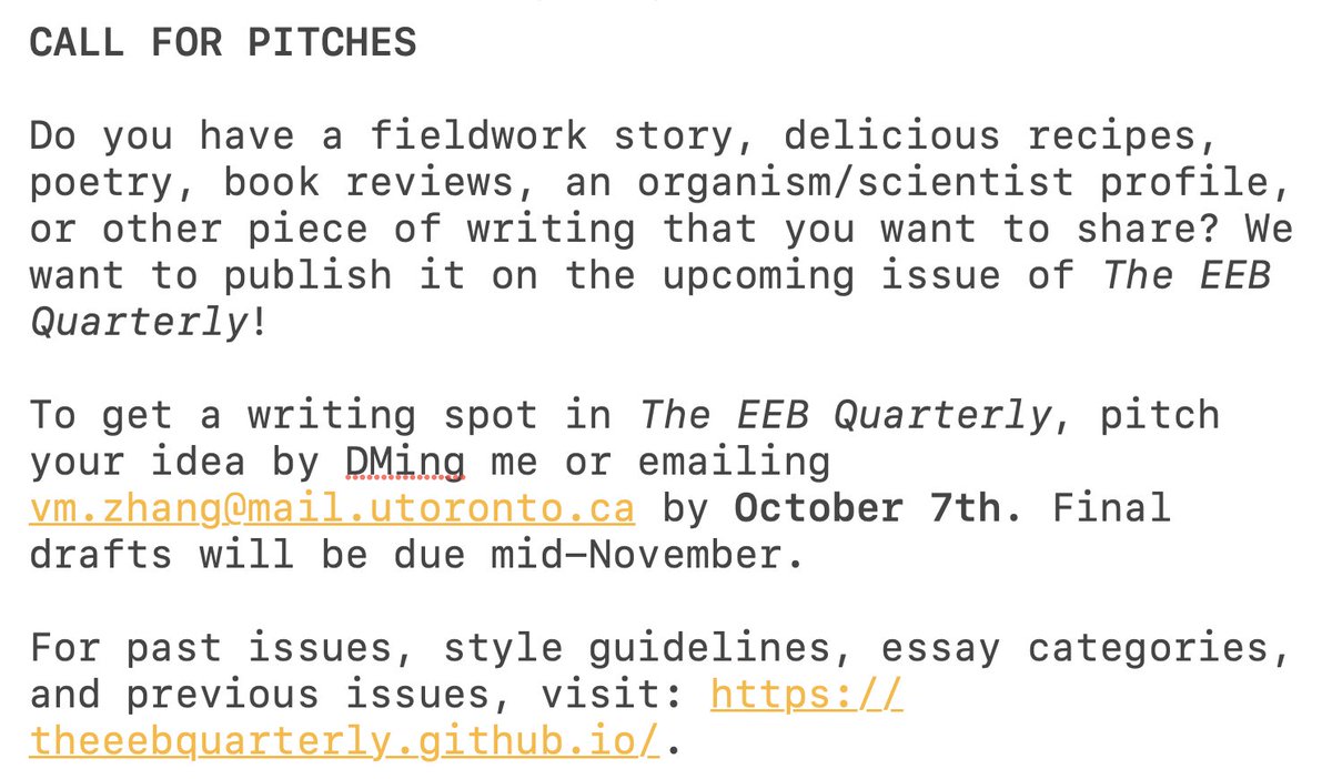 vicki (@vicki_mzhang) on Twitter photo calling all EEB grads (& PDFs & undergrads) of <a href="/eebtoronto/">University of Toronto EEB</a>:
submit a pitch to the Winter issue of The EEB Quarterly by emailing/DMing me. science & non-science stories are all welcome!
more details below & at theeebquarterly.github.io calling all EEB grads (& PDFs & undergrads) of <a href="/eebtoronto/">University of Toronto EEB</a>:
submit a pitch to the Winter issue of The EEB Quarterly by emailing/DMing me. science & non-science stories are all welcome!
more details below & at theeebquarterly.github.io
