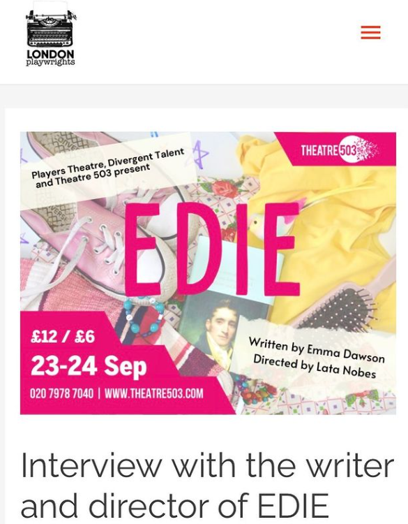 EmmaRuthDawson's tweet photo. ✨My play, EDIE, opens tomorrow @theatre503!✨

I was interviewed with the director @lata_nobes by 
@LDNPlaywrights and you can read more about the process of creating EDIE here: https://t.co/bjG0IhV78l

Or get your🎟️tickets🎟️here: https://t.co/T6pHQS9kEY

#503Edie https://t.co/ppkQG70E68