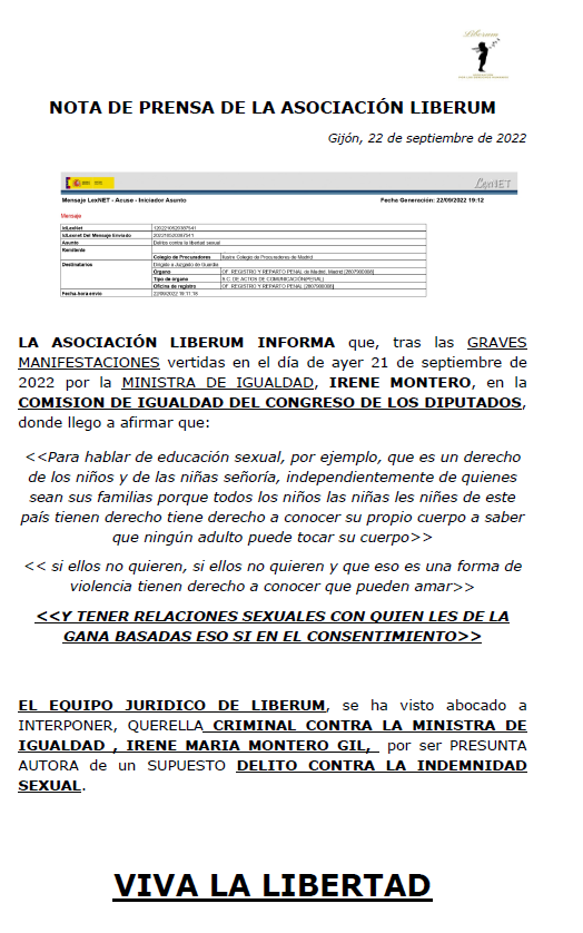 INTERPUESTA QUERELLA CRIMINAL CONTRA IRENE MONTERO POR PARTE DE LA ASOCIACION LIBERUM
  VIVA LA LIBERTAD