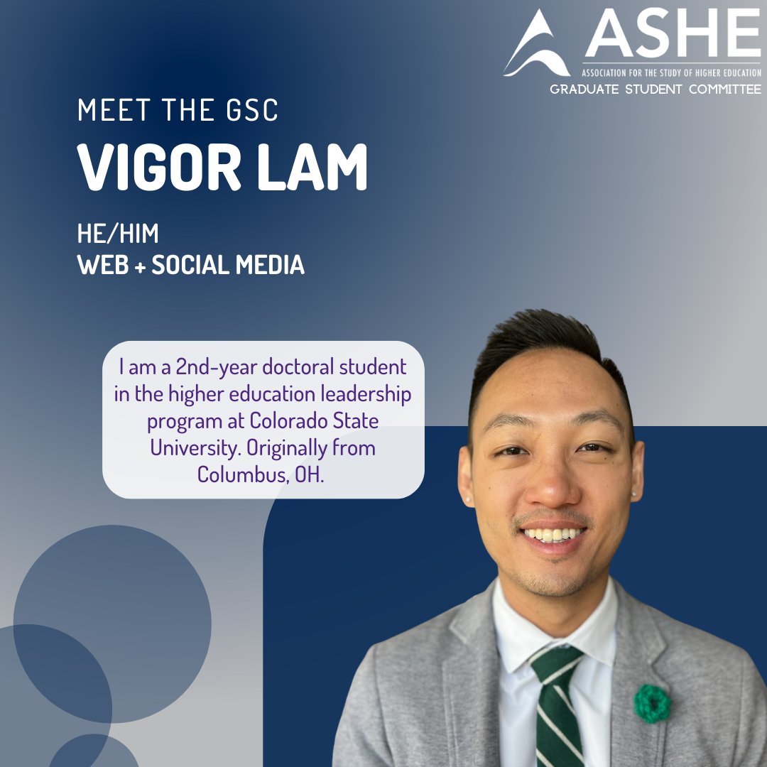 ashegrads's tweet photo. Up next with our Graduate Student Committee highlights, we have Vigor (@vigor_lam). He is one of our Web + Social Media Co-Coordinators. Vigor traveled and studied while jamming to his summer song, Big Energy by Latto. Happy to have you on our team!
#ASHEgrads #ASHEgsc https://t.co/2XR3f9WHQN