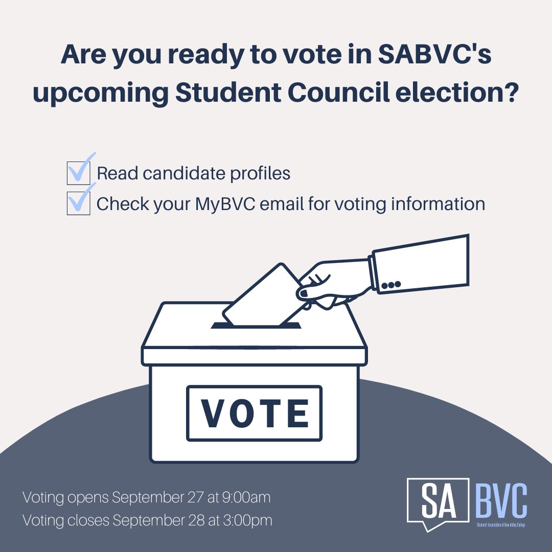 SAofBVC's tweet photo. Student Council Elections are here and it's time to make sure YOU are ready to vote!
Make sure you take a look over the candidate profiles here: https://t.co/zUlWlGrU3k
#bvcnow #mybvc #bvcbold #bowvalleycollege #studentcouncil #sabvc #mysabvc https://t.co/Oj0i8UzEcn