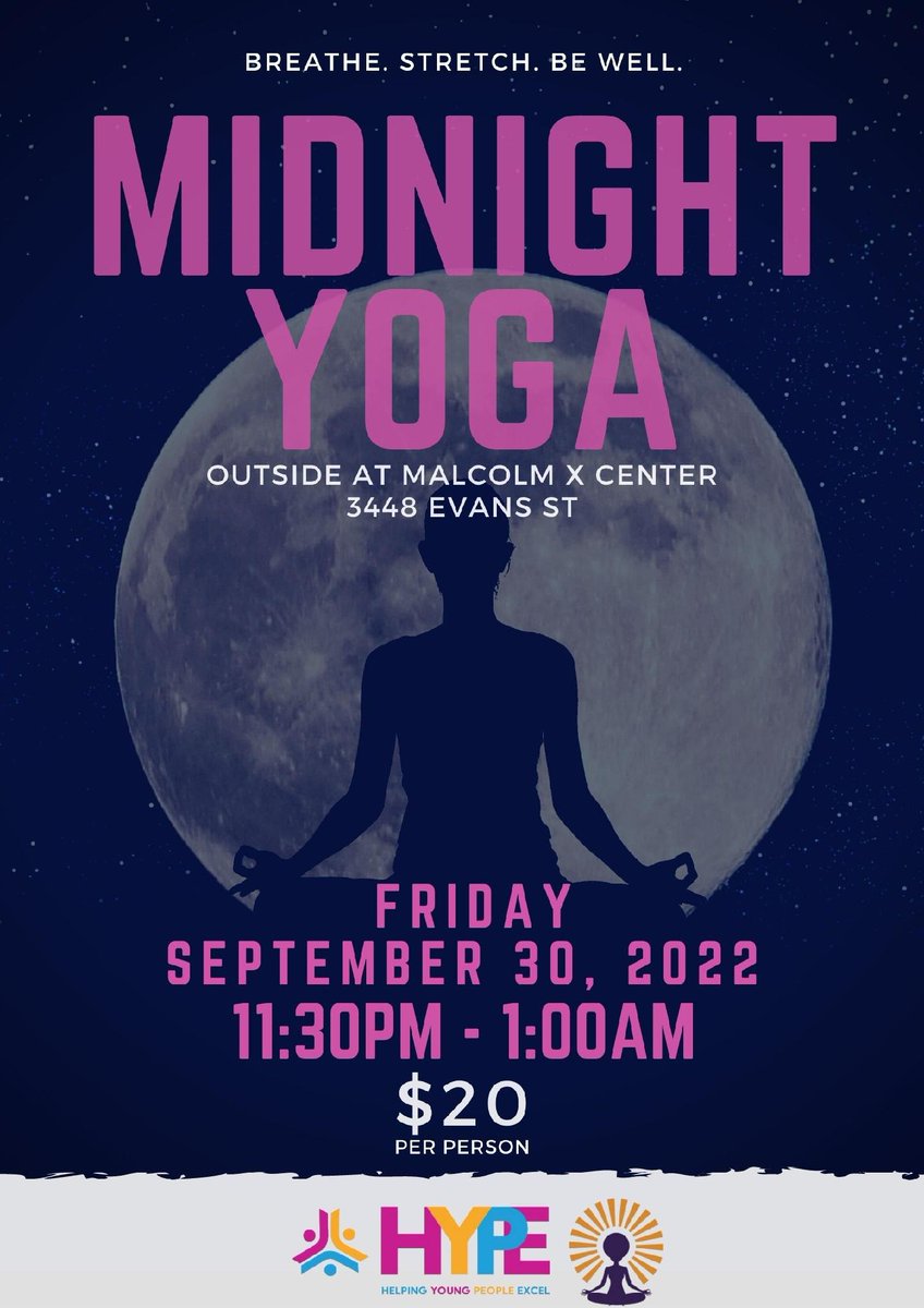 Making a return to Omaha, Midnight Yoga is back! 

Do you enjoy yoga but want to take it to new levels?

Come stretch your night into the morning with Davie's Dojo and H.Y.P.E. This is an experience you do not want to miss!

Registration Link:
davies-dojo.ticketleap.com/midnight-yoga22