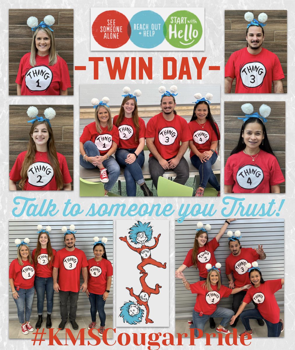 If Twins are 2, What’s 2 more? It’s 4… We’re TWINNING even More!! We are tall &amp; short, doesn’t matter we’re all InClassSupport!! “Talk to someone you TRUST”❤️💙💚#KMSCougarPride #QuadSquad <a href="/sandyhook/">Sandy Hook Promise</a> <a href="/ClifPJ/">PJclif</a> <a href="/MonalisaPace/">Monalisa Pace</a> <a href="/DrSeuss/">Dr. Seuss</a> #Thing1234