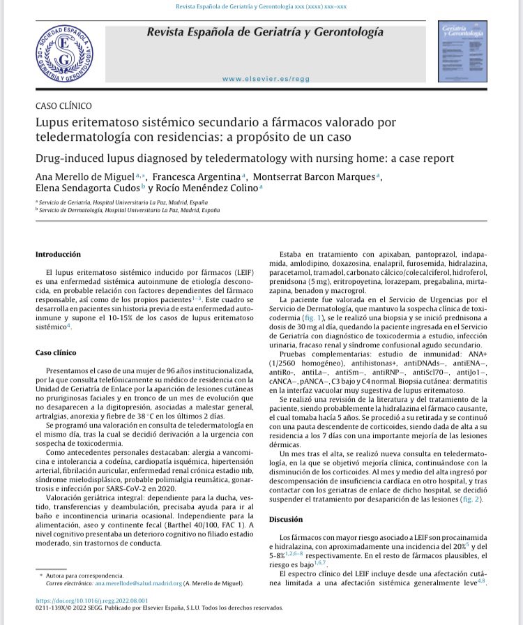 GeriatriaLaPaz's tweet photo. Hidralazina como probable causante de toxicodermia. Interesante caso clínico valorado a través de  teledermatología por el equipo de Geriatría de Enlace con residencias ⬇️ https://t.co/X2NFvY2c4q https://t.co/o18SiiSBCF