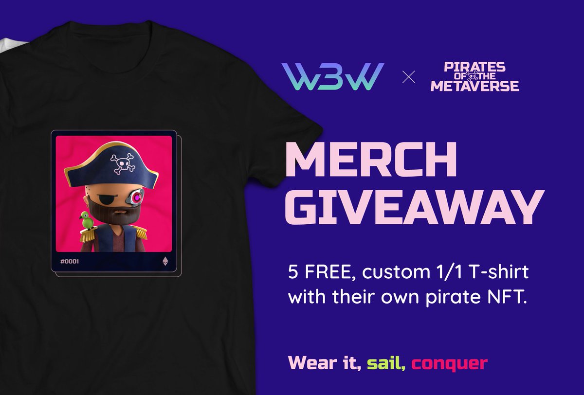 ⚔️ PIRATE HOLDER GIVEAWAY ⚔️

We’ve teamed up with <a href="/web3wear/">Protomolecubes</a> to give away 5 custom NFT Tees to 5 lucky pirates! 

To enter: 

🏴‍☠️ REGISTER: w3w.ai/main/potm/41 
🏴‍☠️ ❤️ / RETWEET 
🏴‍☠️ TAG 3 ! 

Winners will be DM’d 9/23!
