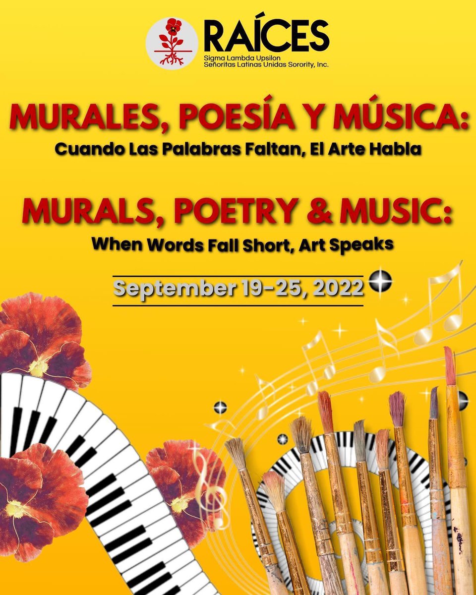 SLU_AlphaRho's tweet photo. This year, #RAÍCESWeek2022 is being held nationally with the theme of MURALES, POESÍA Y MÚSICA: Cuando Las Palabras Faltan, El Arte Habla / MURALS, POETRY &amp; MUSIC: When Words Fall Short, Art Speaks. 🎨🖼🎼🎭 Best of luck to all chapters hosting events in their communities! #ΣΛΥ https://t.co/7TXCBB7UKR