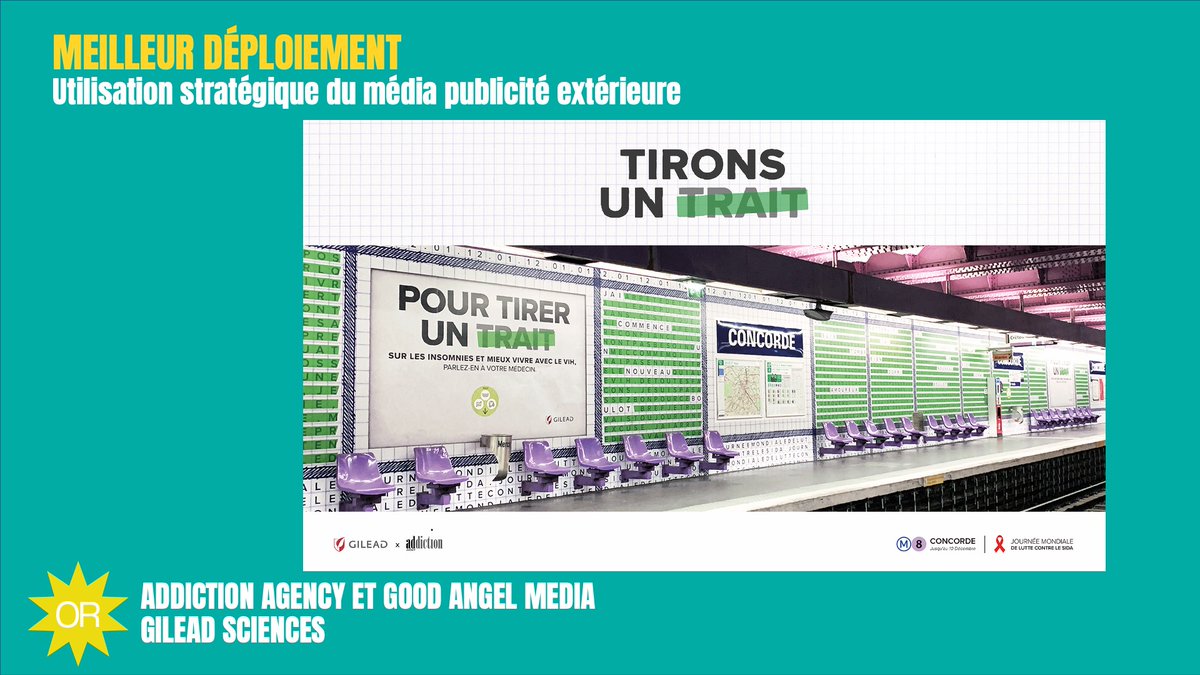 Strategies's tweet image. Catégorie Utilisation stratégique du média Publicité extérieure, un #OR ex-aequo revient à @AddictionAgency, @good_angel_fr et @GileadSciences pour l’opération « Tirons un trait » à Concorde, à l’occasion de la Journée mondiale de lutte contre le sida. #gpstrat