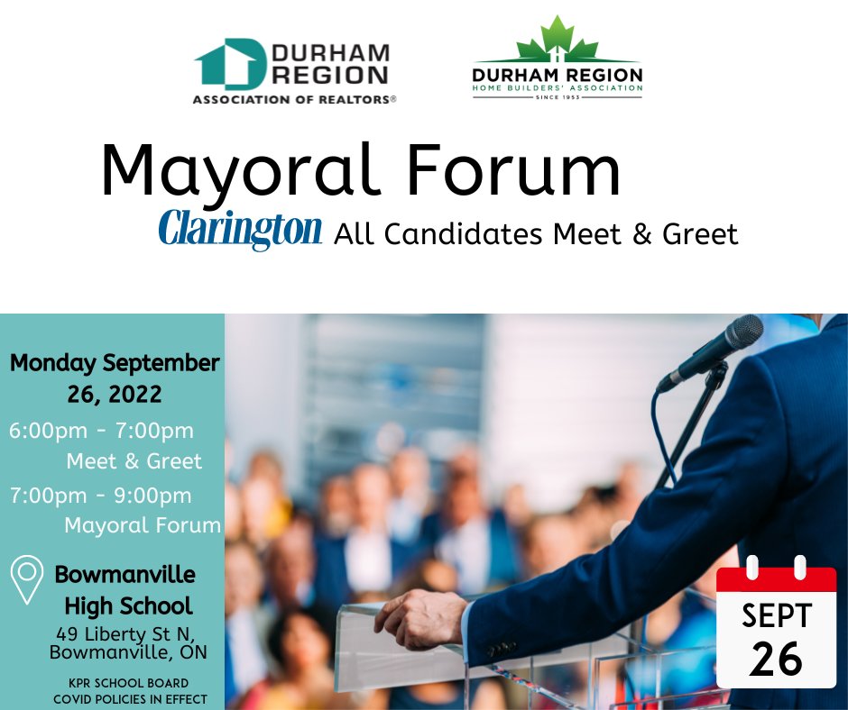 ClarNews's tweet photo. Join us Monday September 26, 2022 for a meet and greet and Mayoral debate with the Candidates in #ClaringtonON municipal election.  @DurhamHBA @CBOTinfo #newcastlechamber @clartourism @ClaringtonON https://t.co/da7gkYIWme