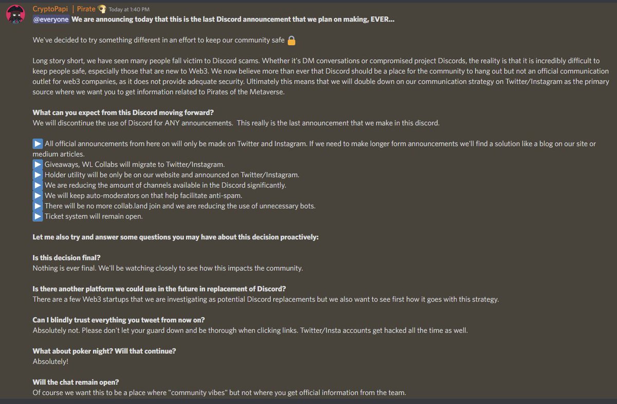 PiratesMeta's tweet photo. Today we announce our last Discord announcement. We are trying something new... https://t.co/m0WHmXzYYs