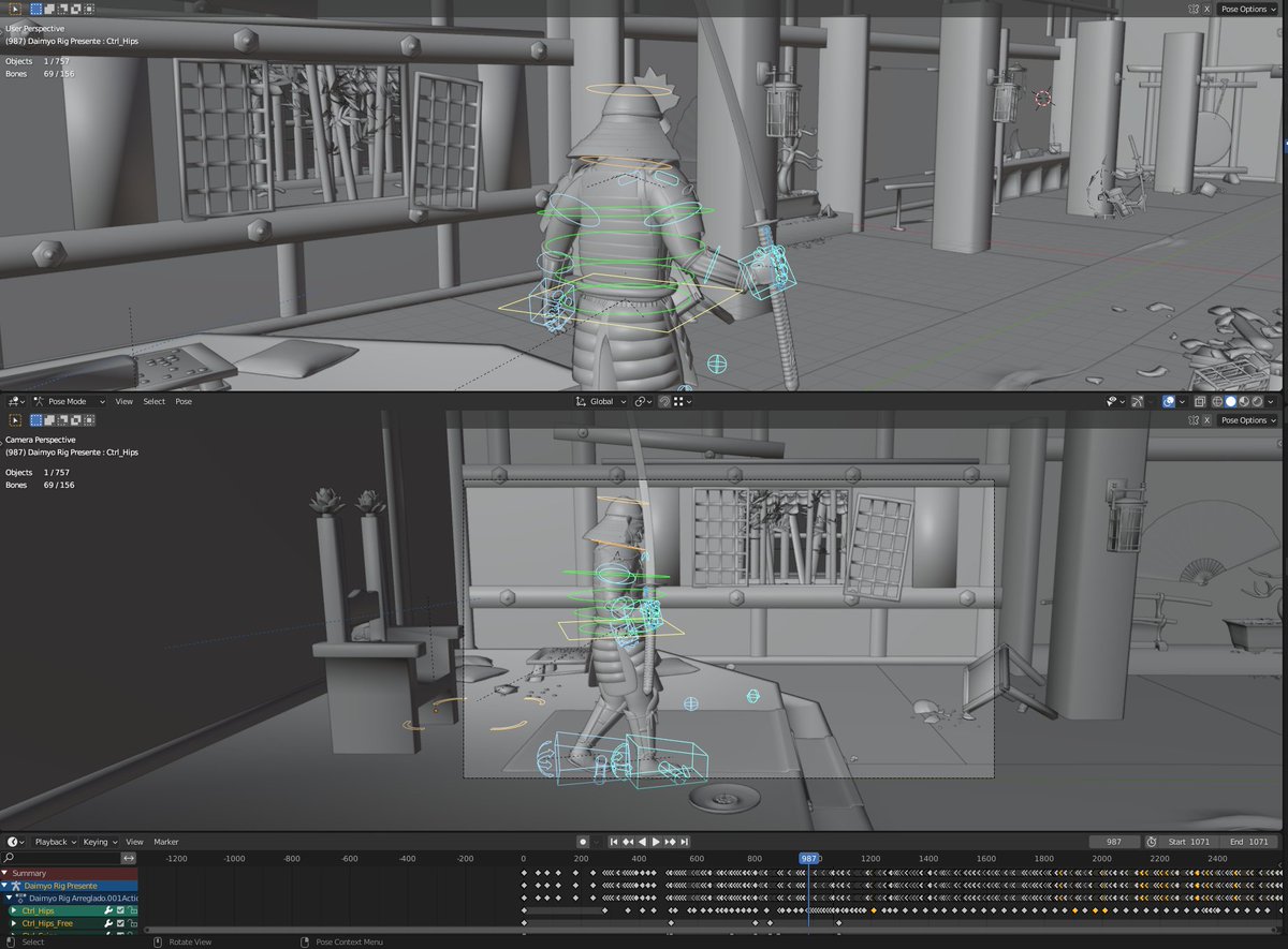 CarlosRomeroFNX's tweet photo. Some screenshots of the Daimyō's mesh and rigging in Blender. You can also notice the number of keyframes in the second screenshot 👺 https://t.co/XmYSPx3vGQ