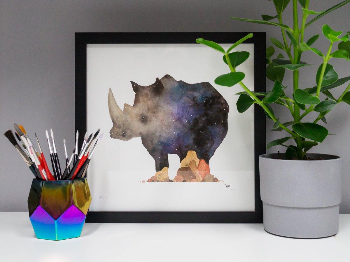 Sharing some love for my Rhino design on #WorldRhinoDay 🦏
The collective name for a group of rhinoceroses is a crash. Or a herd. But crash sounds better. 
12" prints available from my Etsy shop. Hand-painted in watercolour and printed in my home studio etsy.com/uk/listing/751…
