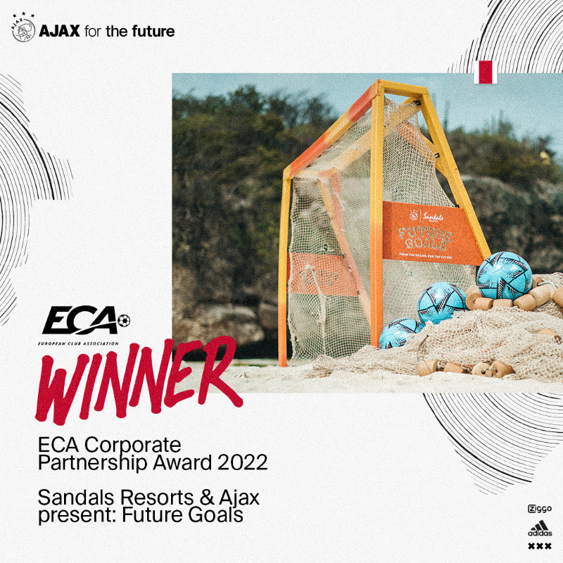 AFCAjax's tweet photo. European world of football honours ‘𝗙𝘂𝘁𝘂𝗿𝗲 𝗚𝗼𝗮𝗹𝘀’ of Ajax and @SandalsResorts with prize! 👏😍

#ECA28GA