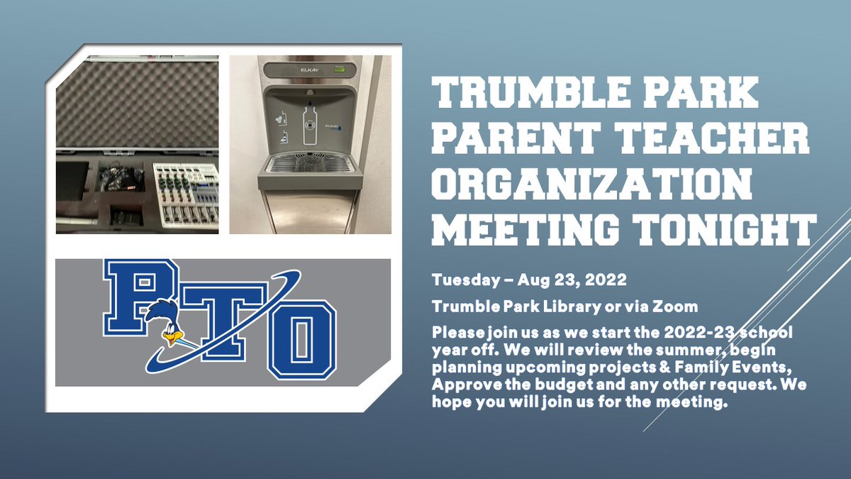 Join us tonight for our PTO Meeting in the Library at 6:30 PM tonight. We will discuss some upcoming events, and have a few request to review as well as talk about the other items. We hope you can join us. 

The meeting will be broadcast on Zoom, link will be posted at 6:15 PM