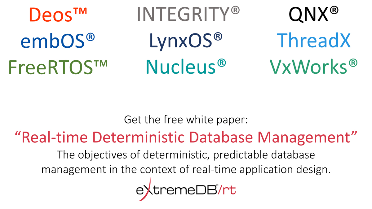 McObject's tweet photo. Get the free white paper: 

“Real-time Deterministic Database Management” 

https://t.co/GNd1NDC82t

#Deos #embOS #FreeRTOS #INTEGRITY #LynxOS   #Nucleus #QNX #ThreadX   #VxWorks #rtos #database https://t.co/79amdZtGgN