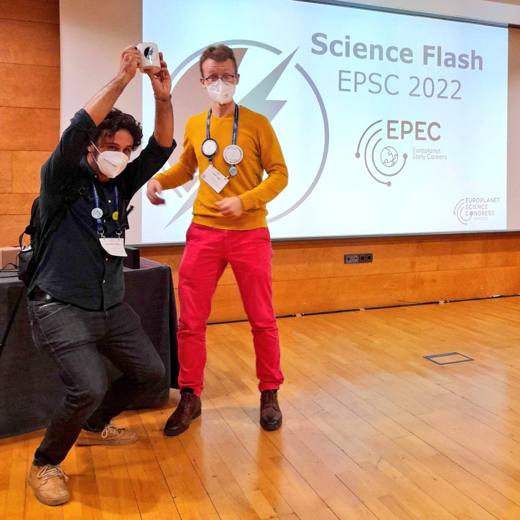 epec_epn's tweet photo. Time to announce the winner of the #ScienceFlash at #EPSC2022: ladies and gentlemen, here's Alessandro Pisello (@alessandropis), who brilliantly talked about the importance of spectral databases! 🏆 He won the cutest mug ever AND free registration for the next EPSC 🚀 https://t.co/m2sOCbIYpl