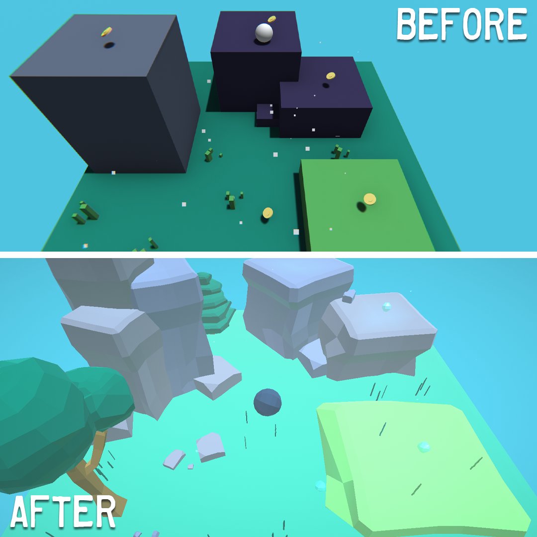 dragonstramp's tweet photo. Before and after for my game 'The Fire'.  The old one had some charm for a very minimalist style, but I like the new one quite a bit more. 
https://t.co/oBUb4qWMb3
#gamedev #unity3d #indiedev #IndieGameDev #lowpoly https://t.co/c8nNjWPEBn