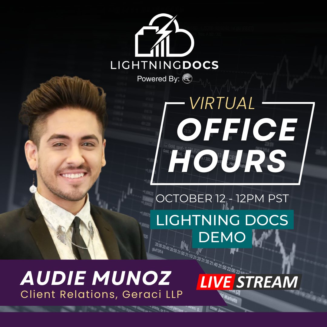 FortraLaw's tweet image. Mark your calendars because on Oct 12, 12 pm PST, Audie Munoz, Client Relations from Lightning Docs Department, will do a live demo to show how fast and customizable our system is. Audie will also answer all your questions about Lightning Docs! ⚡️  

#lightningdocs