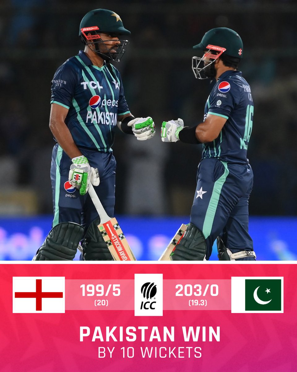 ICC's tweet photo. Utter domination 💪

Pakistan bounce back in the T20I series with a comprehensive 10-wicket win over England.

#PAKvENG | 📝Scorecard: https://t.co/WHBPS7jrZE https://t.co/2eNgGw4Q6J