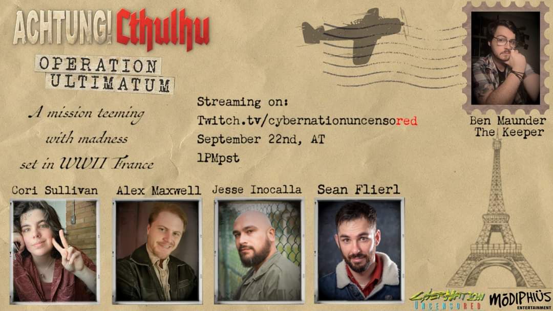 TryagainBen's tweet photo. Hey look! Its a thing I'm doing! Come check us out on @CNUncensored #achtungcthulhu #modiphius #ttrpg https://t.co/C1fwe5DQWY
