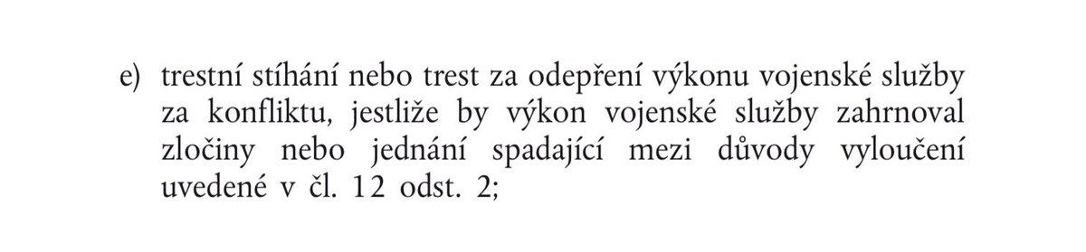 Občané Ruska odmítající narukovat mohou dle práva EU splňovat podmínky pro získání postavení uprchlíka

Pronásledování = trest za odepření výkonu vojenské služby za konfliktu, jestliže by výkon vojenské služby zahrnoval zločiny (čl. 9, odst. 2, písm. e)
eur-lex.europa.eu/legal-content/…